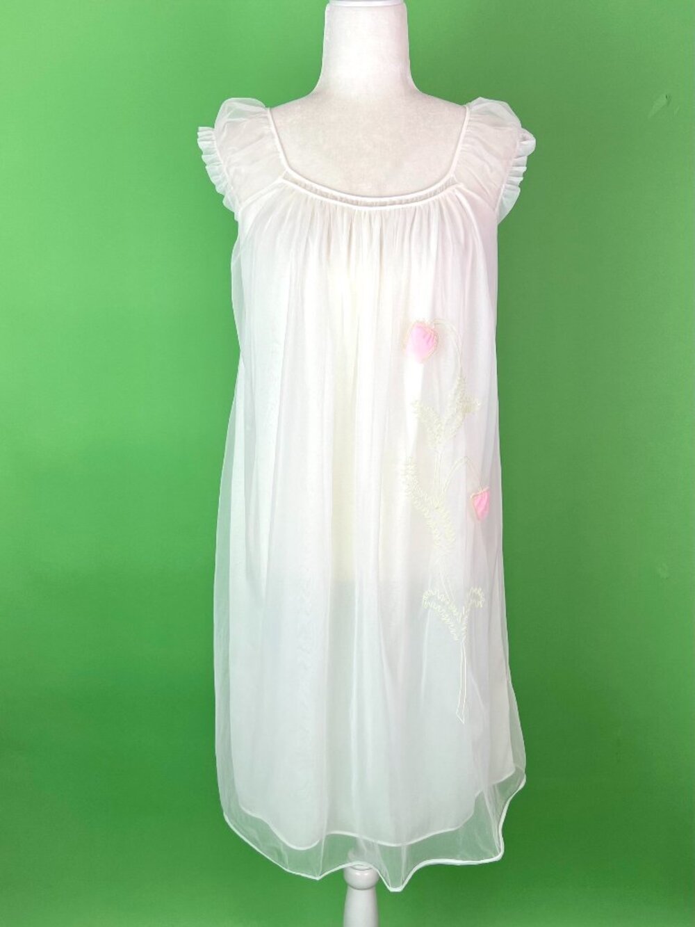 Vintage White Chiffon Nightgown with Pink Floral Applique - Size Medium